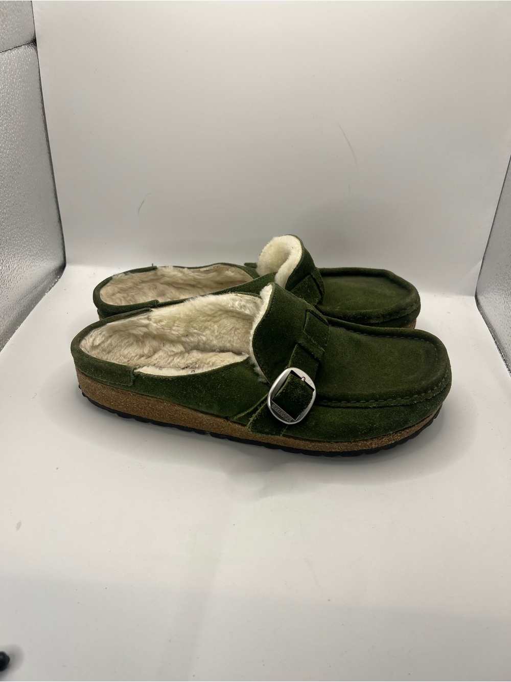 Birkenstock Olive Green Suede Shearling Clogs with Buckle - Picture 8 of 13